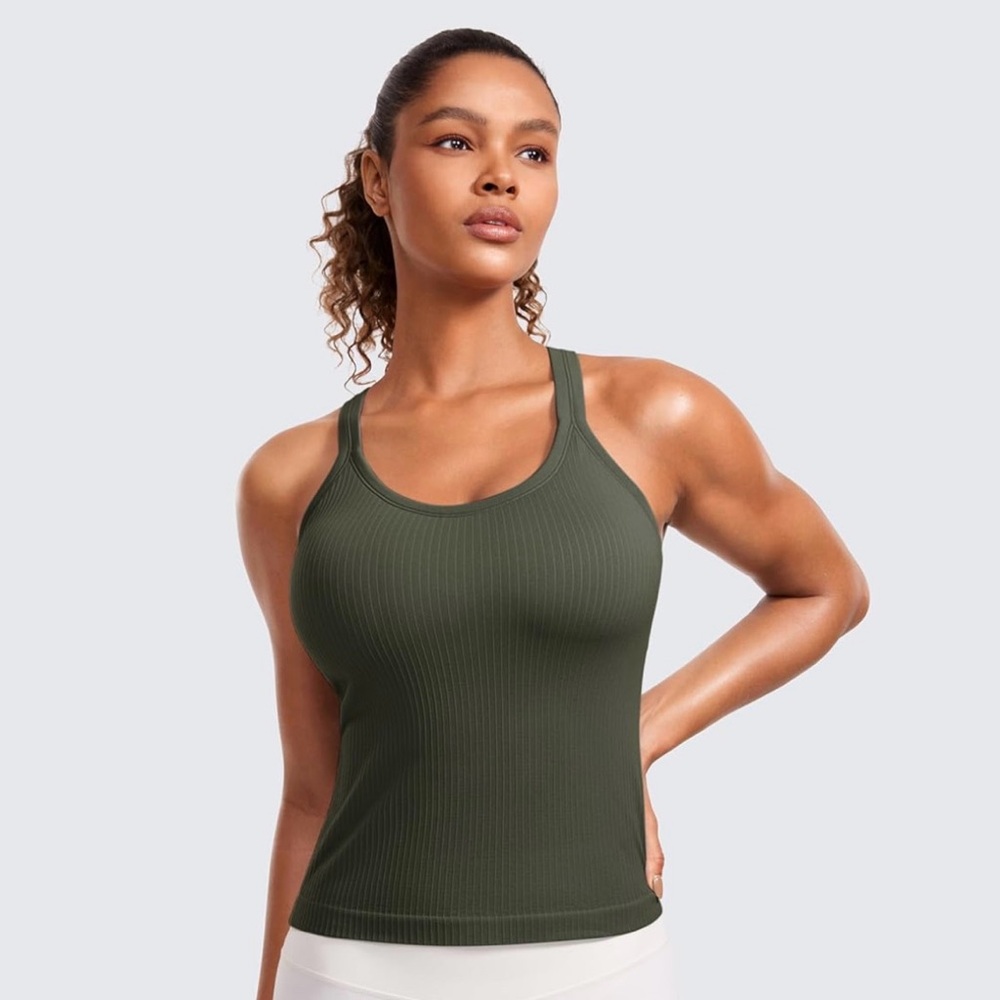 CRZ YOGA Seamless Ribbed Womens Tank Top Racerback Sz M OLIVE GREEN